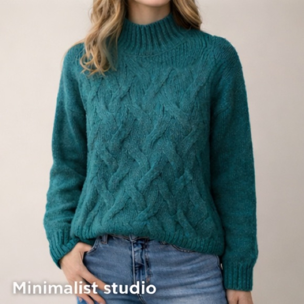 Nine West Teal Cable Knit Mock Neck Sweater XS NWT
